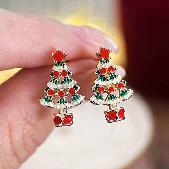 Women's Colorful Christmas Tree Earrings Cartoon Starshaped Copper Jewelry With Electroplated Finish And Festive Holiday Design