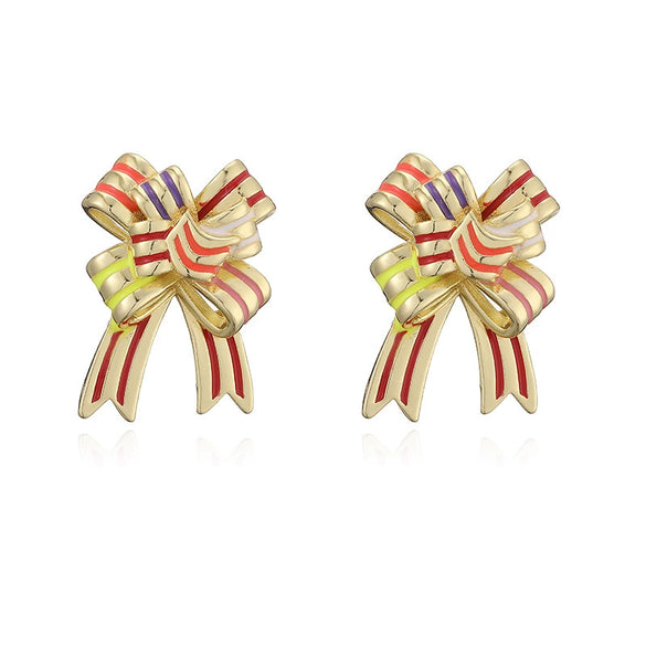 Women's Colorful Copper Bow Earrings With Dripping Oil Finish Christmas Style Sweet Jewelry