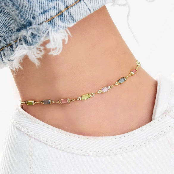 Women’s Colorful Copper Geometric Anklet Delicate Elegant Simple Ankle Chain Fashion Jewelry Gift