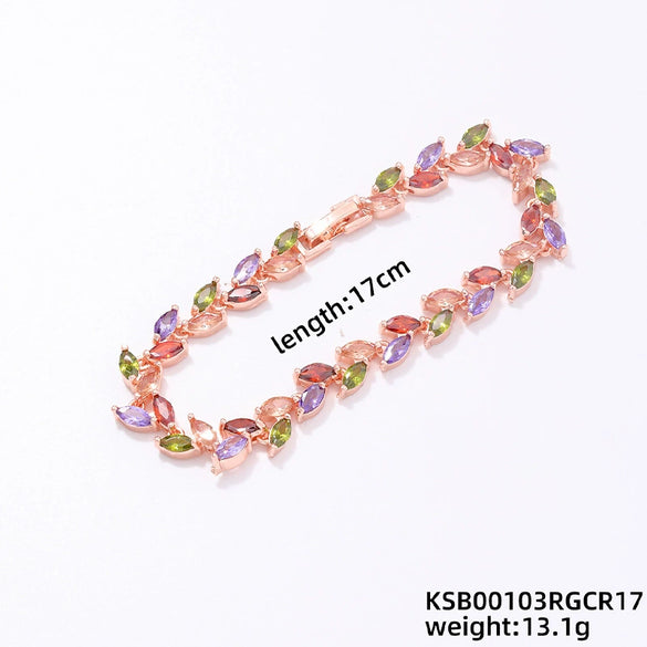 Women's Colorful Crystal Zircon Rhombus Patterned Electroplated Willow Leaf Bracelet Wholesale Fashion Jewelry