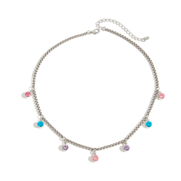 Women's Colorful Diamond Geometric Pendant Necklace With Alloy Metal Chain Single Layer Design And Plated Finish