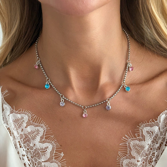 Women's Colorful Diamond Geometric Pendant Necklace With Alloy Metal Chain Single Layer Design And Plated Finish