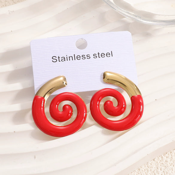 Women's Colorful Enamel Sunflower Earrings In Stainless Steel With Spiral Geometric Design