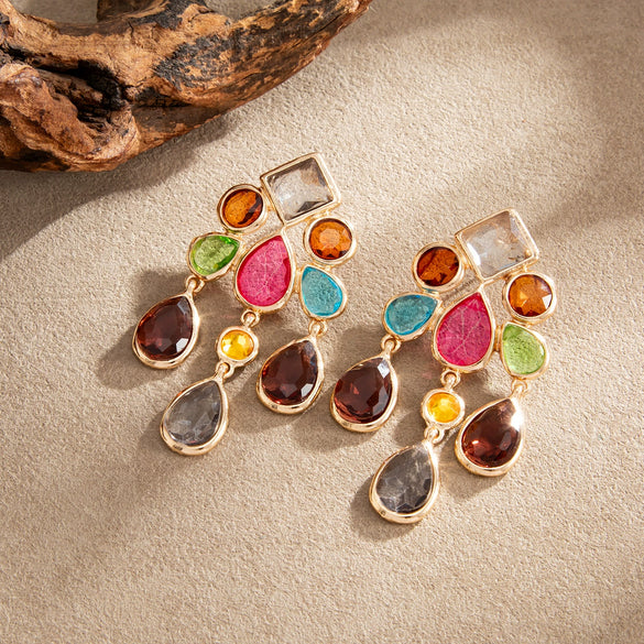 Women's Colorful Geometric Teardrop Gemstone Tassel Earrings Zinc Alloy Electroplated Light Luxury Jewelry With Steel Posts