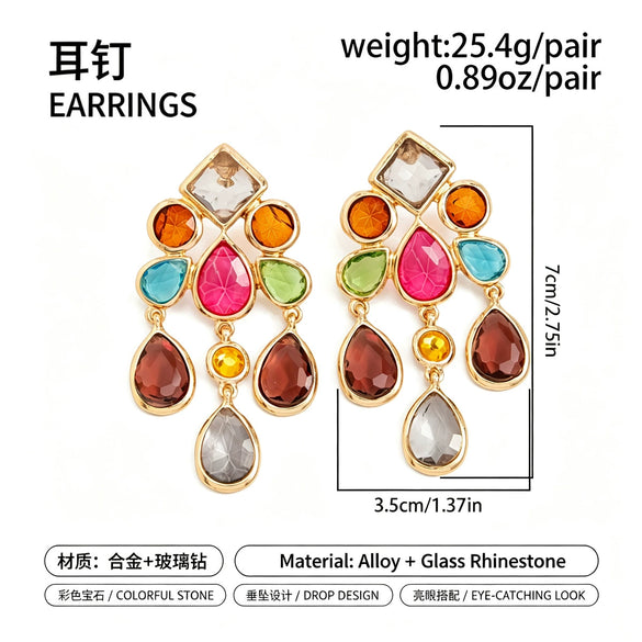 Women's Colorful Geometric Teardrop Gemstone Tassel Earrings Zinc Alloy Electroplated Light Luxury Jewelry With Steel Posts