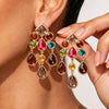 Women's Colorful Geometric Teardrop Gemstone Tassel Earrings Zinc Alloy Electroplated Light Luxury Jewelry With Steel Posts