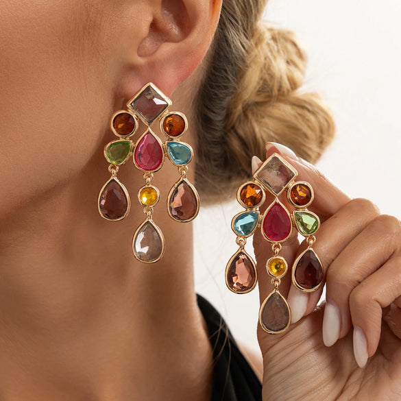 Women's Colorful Geometric Teardrop Gemstone Tassel Earrings Zinc Alloy Electroplated Light Luxury Jewelry With Steel Posts
