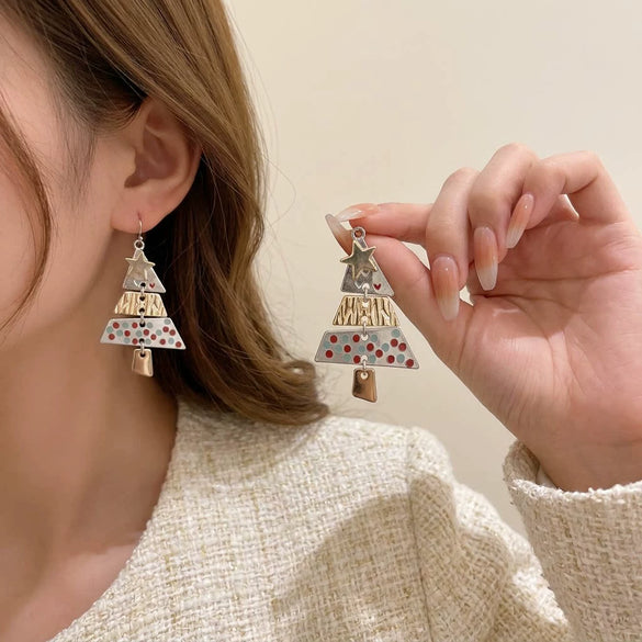 Women's Colorful Polka Dot Christmas Tree Hook Earrings With Layered Alloy Electroplated Design