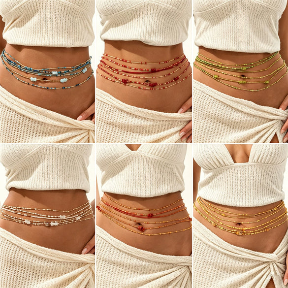 Women's Colorful Seed Bead Elastic Waist Chain With Irregular Stone Details Multiloop Vacation Style Body Chain