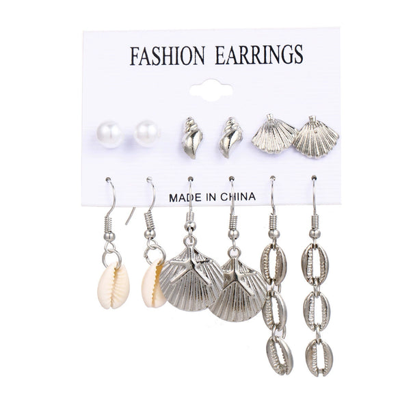 Women's Conch Series Earrings Mixed Material Geometric Inlaid With Pearls Seaside Beach Style