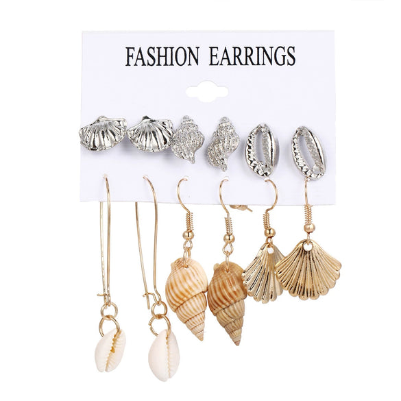 Women's Conch Series Earrings Mixed Material Geometric Inlaid With Pearls Seaside Beach Style
