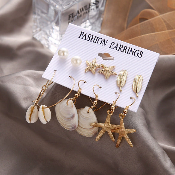 Women's Conch Series Earrings Mixed Material Geometric Inlaid With Pearls Seaside Beach Style