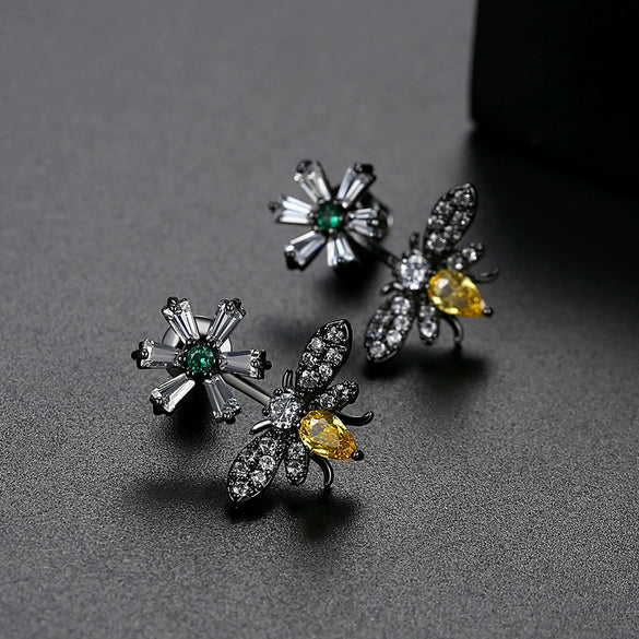 Women's Copper Bee And Flower Earrings With Zircon Accents Electroplated Animal Inspired Fashion Jewelry