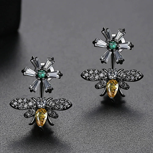 Women's Copper Bee And Flower Earrings With Zircon Accents Electroplated Animal Inspired Fashion Jewelry