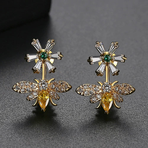Women's Copper Bee And Flower Earrings With Zircon Accents Electroplated Animal Inspired Fashion Jewelry