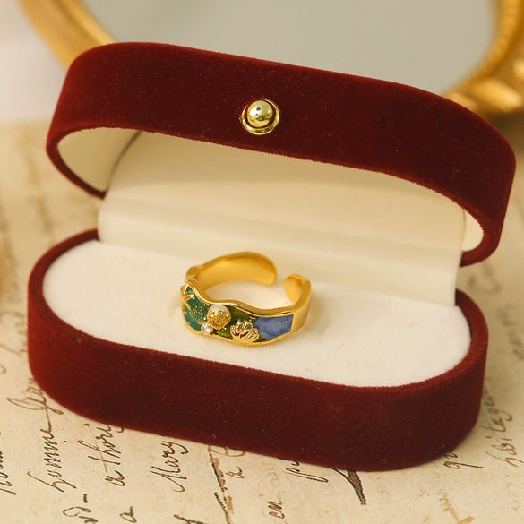 Women's Copper Blue Sea Starfish Shell Ring With Geometric Pattern And Electroplating Treatment