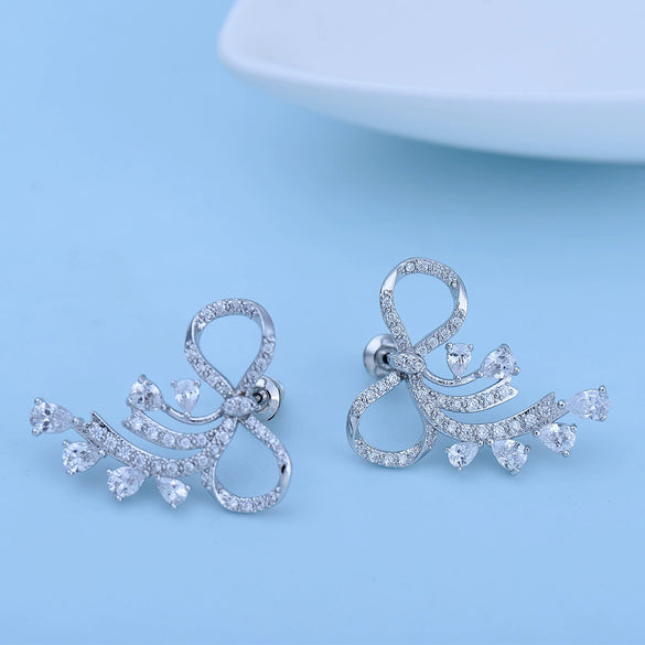 Women’s Copper Bow And Flower Earrings With Zircon Crystal Accents Elegant Simple Design Wholesale Fashion Jewelry