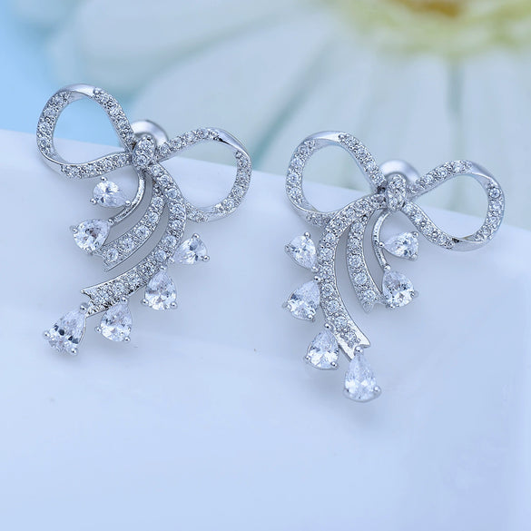 Women’s Copper Bow And Flower Earrings With Zircon Crystal Accents Elegant Simple Design Wholesale Fashion Jewelry