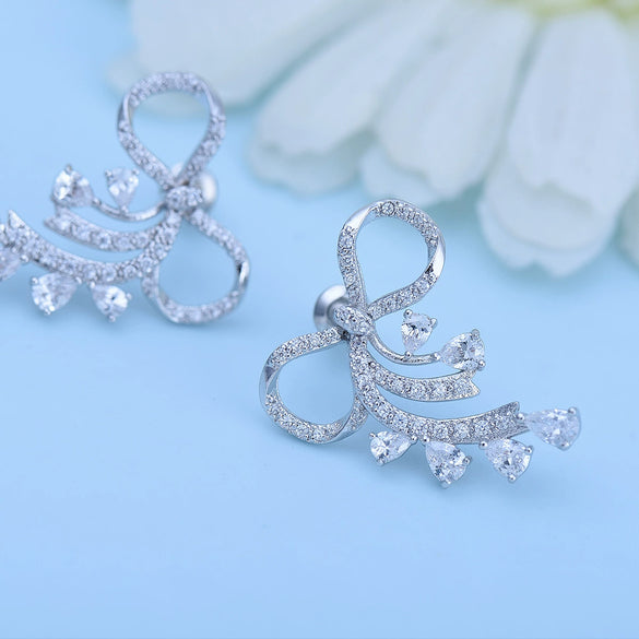 Women’s Copper Bow And Flower Earrings With Zircon Crystal Accents Elegant Simple Design Wholesale Fashion Jewelry