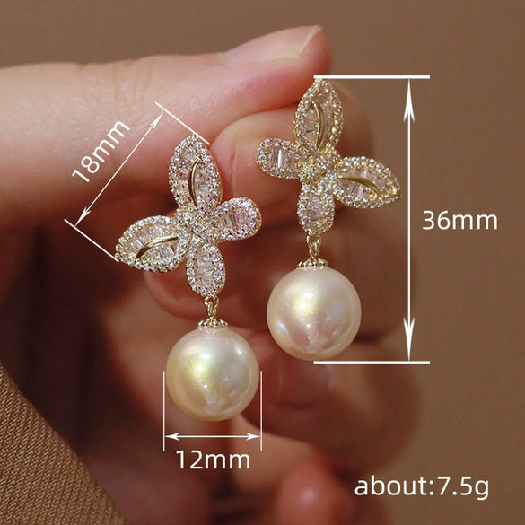 Women's Copper Butterfly Inlaid Zircon Imitation Pearl Elegant Fashion Earrings With Geometric Animal Zodiac Design