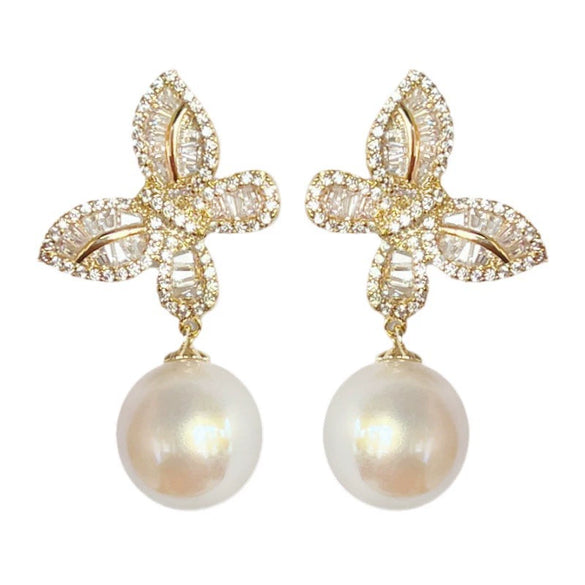 Women's Copper Butterfly Inlaid Zircon Imitation Pearl Elegant Fashion Earrings With Geometric Animal Zodiac Design