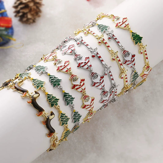 Women's Copper Christmas Bracelet With Colorful Drip Oil Geometric Design And Festive Holiday Tree Motifs