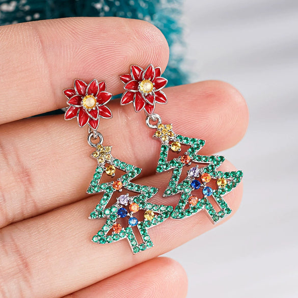 Women's Copper Christmas Earrings Colorful Flower And Leaf Design Hollow Christmas Tree Holiday Jewelry