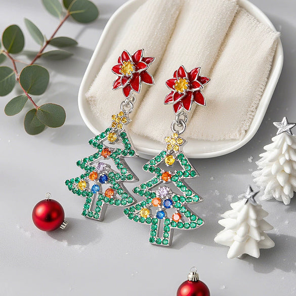 Women's Copper Christmas Earrings Colorful Flower And Leaf Design Hollow Christmas Tree Holiday Jewelry