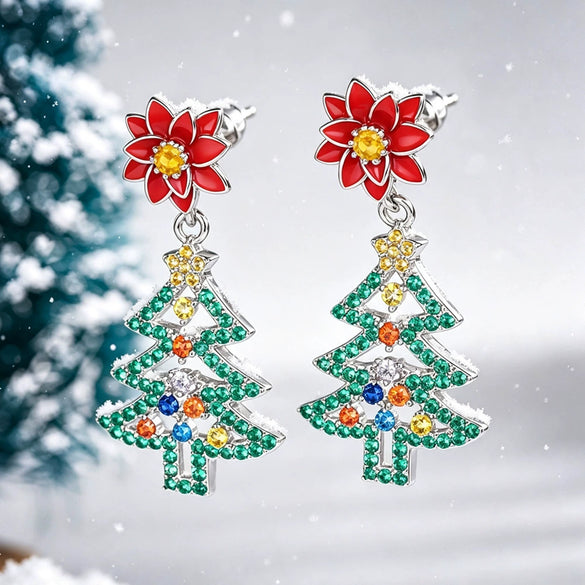 Women's Copper Christmas Earrings Colorful Flower And Leaf Design Hollow Christmas Tree Holiday Jewelry