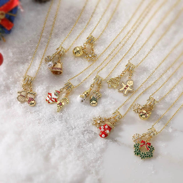 Women's Copper Christmas Necklace With Santa Claus Snowflake Stocking And Candy Cane Charms Dripping Oil Finish And O Chain