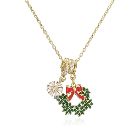 Women's Copper Christmas Necklace With Santa Claus Snowflake Stocking And Candy Cane Charms Dripping Oil Finish And O Chain