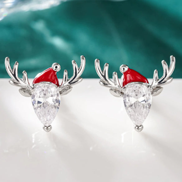 Women's Copper Christmas Reindeer Drop Earrings With Synthetic Cubic Zirconia And Enamel Holiday Design