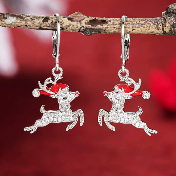 Women's Copper Christmas Reindeer Earrings With Santa Hat And Oil Painting Style Festive Animal Design