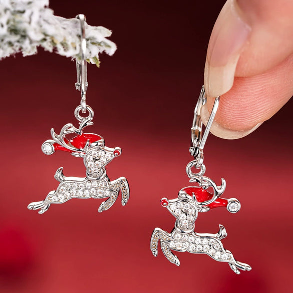 Women's Copper Christmas Reindeer Earrings With Santa Hat And Oil Painting Style Festive Animal Design