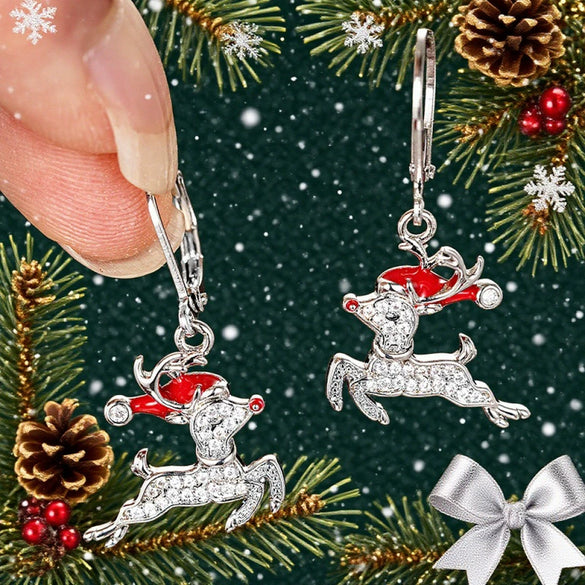 Women's Copper Christmas Reindeer Earrings With Santa Hat And Oil Painting Style Festive Animal Design