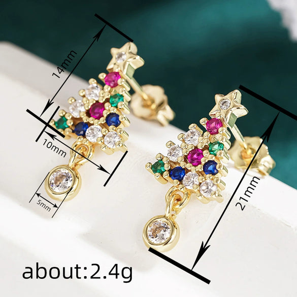 Women's Copper Christmas Tree Earrings With Colorful Synthetic Cubic Zirconia Star Inlay And Geometric Festive Design