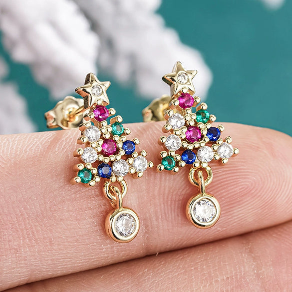 Women's Copper Christmas Tree Earrings With Colorful Synthetic Cubic Zirconia Star Inlay And Geometric Festive Design