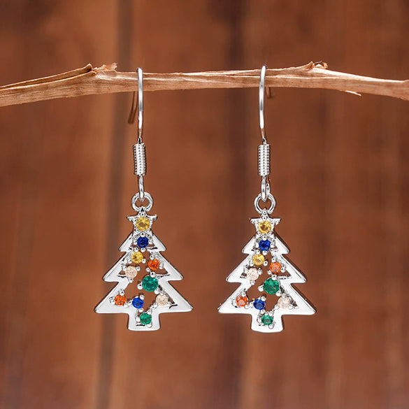 Women's Copper Christmas Tree Earrings With Colorful Zircon Festive Holiday Jewelry In Fairy Style
