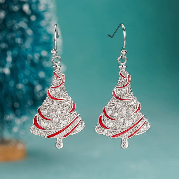 Women's Copper Christmas Tree Earrings With Red Shimmering Oil Drip Effect Star Shape And Ribbon Wrapped Holiday Design