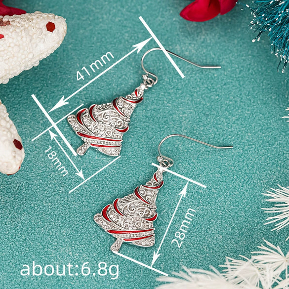 Women's Copper Christmas Tree Earrings With Red Shimmering Oil Drip Effect Star Shape And Ribbon Wrapped Holiday Design