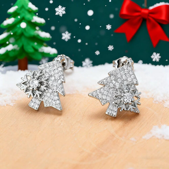 Women's Copper Christmas Tree Earrings With Shiny Zircon Geometric Leaf Design Sparkling Holiday Fashion Jewelry