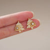 Women's Copper Christmas Tree Earrings With Shiny Zircon Geometric Leaf Design Sparkling Holiday Fashion Jewelry