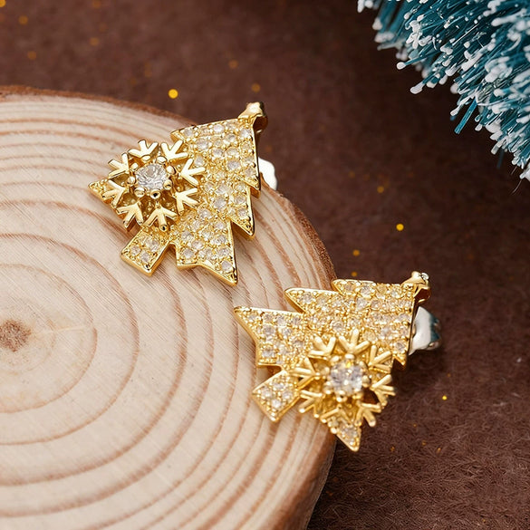 Women's Copper Christmas Tree Earrings With Shiny Zircon Geometric Leaf Design Sparkling Holiday Fashion Jewelry