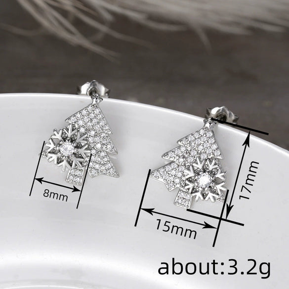 Women's Copper Christmas Tree Earrings With Shiny Zircon Geometric Leaf Design Sparkling Holiday Fashion Jewelry