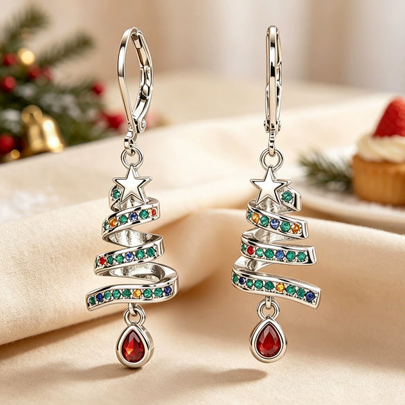 Women's Copper Christmas Tree Earrings With Spiral Ribbon Water Drop Pendants And Star Shape Design