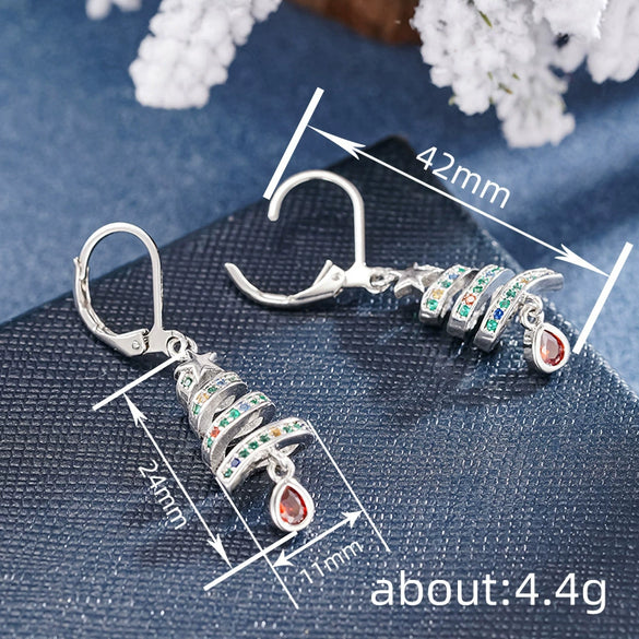 Women's Copper Christmas Tree Earrings With Spiral Ribbon Water Drop Pendants And Star Shape Design