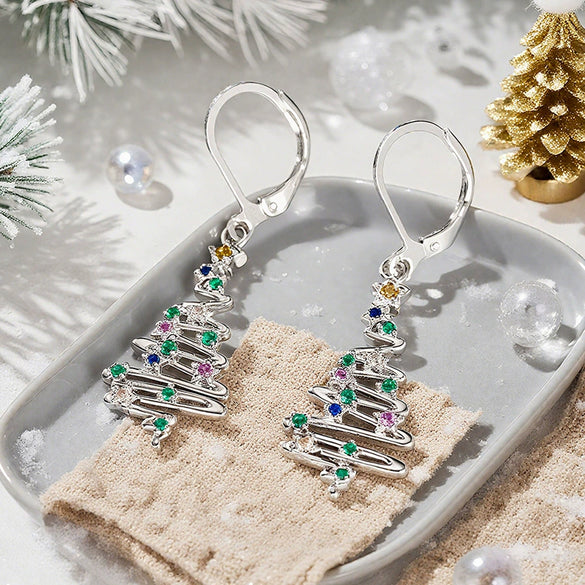 Women's Copper Christmas Tree Earrings With Star Accents Elegant Sweet Line Art Holiday Jewelry