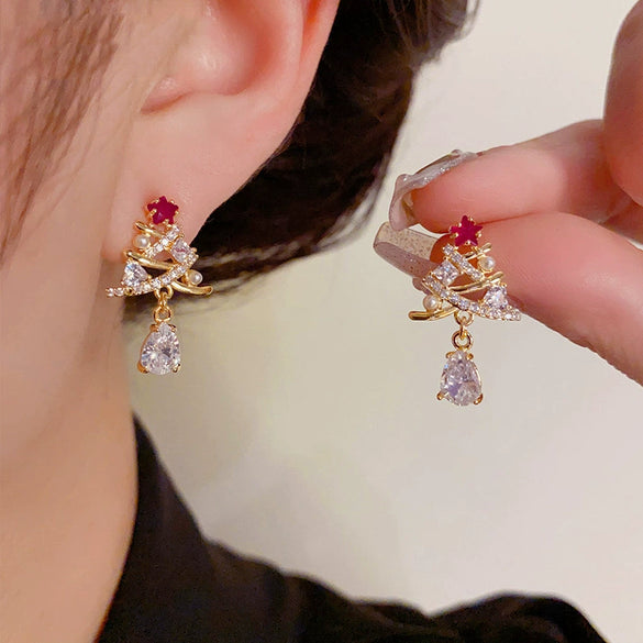 Women's Copper Christmas Tree Earrings With Zircon Inlay Geometric Star And Floral Design Light Luxury Style
