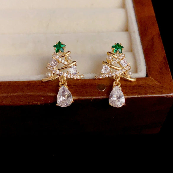 Women's Copper Christmas Tree Earrings With Zircon Inlay Geometric Star And Floral Design Light Luxury Style