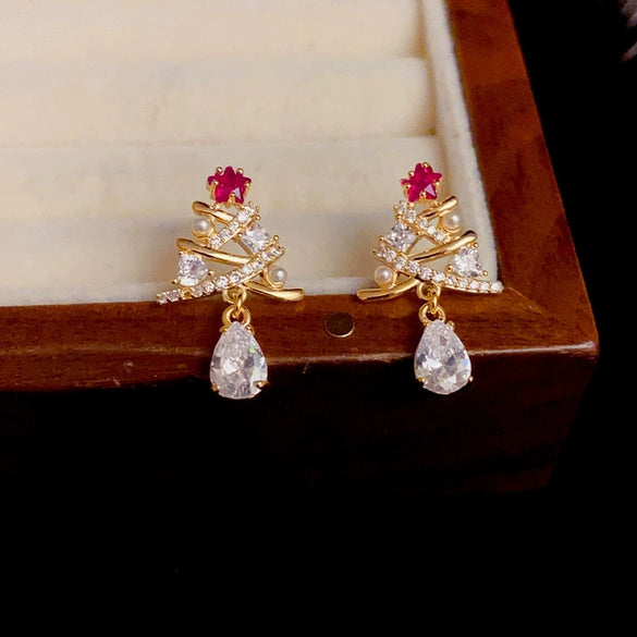 Women's Copper Christmas Tree Earrings With Zircon Inlay Geometric Star And Floral Design Light Luxury Style